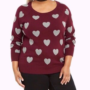 Torrid Burgundy Dark Red Sweater w/ Gray Hearts - Size 0 - Valentine’s Day